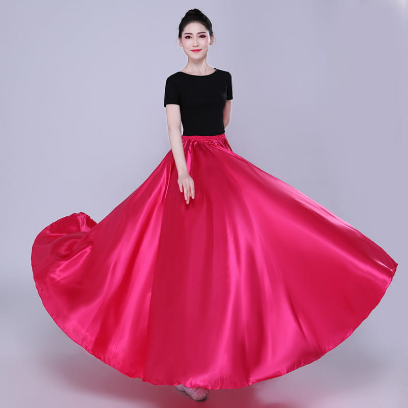 Vibrant fuchsia satin ball gown skirt with a high-waisted flowing silhouette designed as a solid color performance skirt.