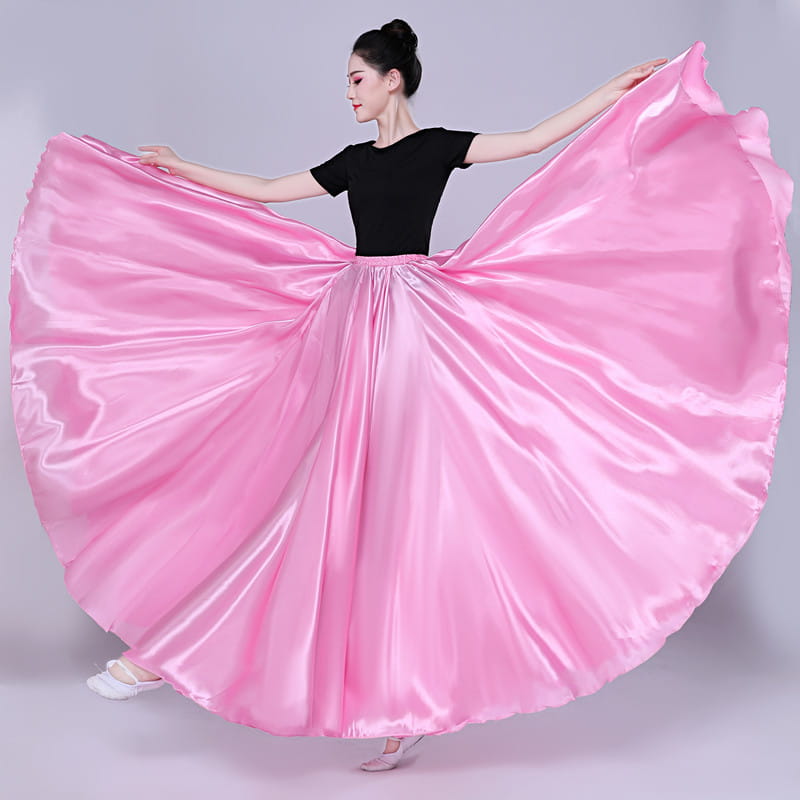 vibrant pink satin solid color performance skirt with high waisted design and smooth reflective fabric for dance and stage use