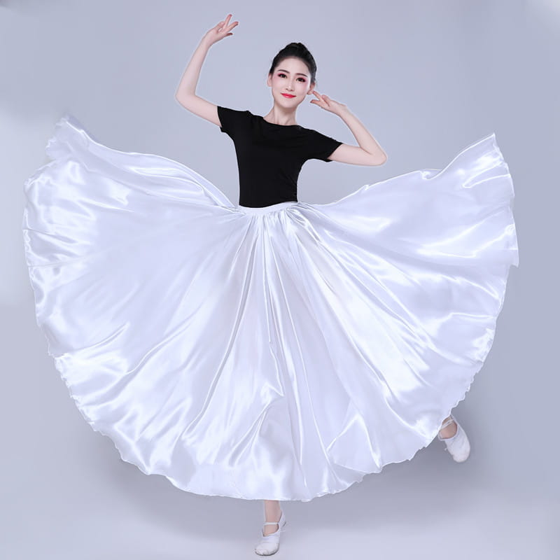 a flowing white satin dance skirt with a high waist and full billowing silhouette designed as a simple solid color performance skirt