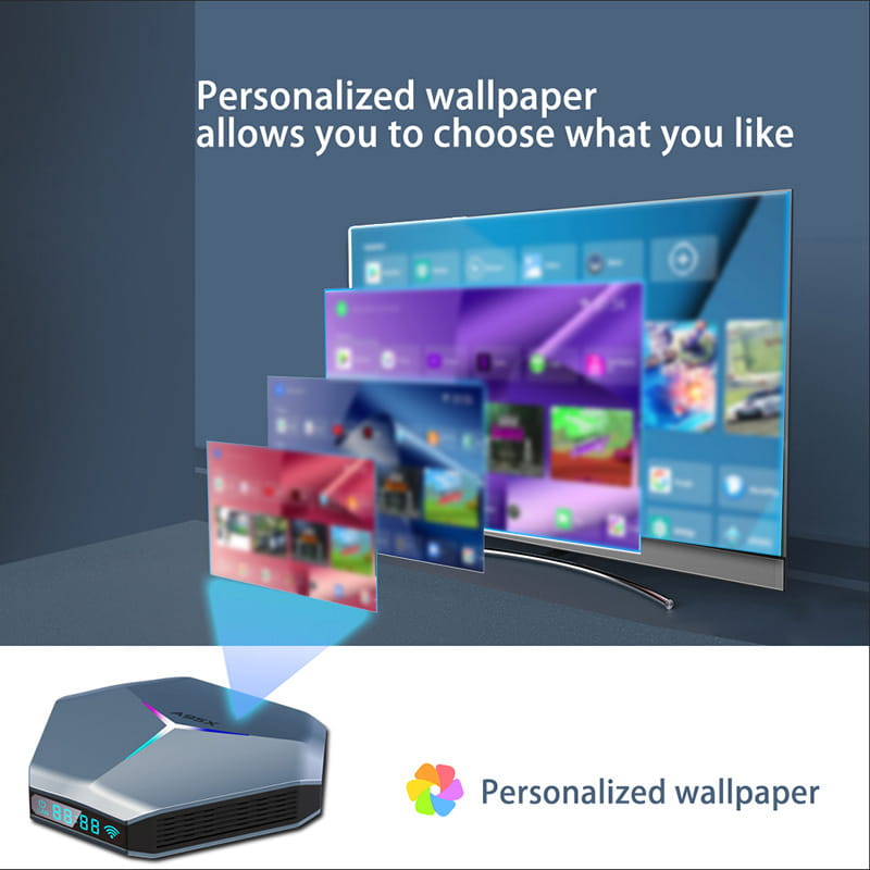 Silver and black hexagonal-shaped 8k rgb network player set-top box with a glowing blue light on the front panel featuring dual-band wifi and remote control functionality.
