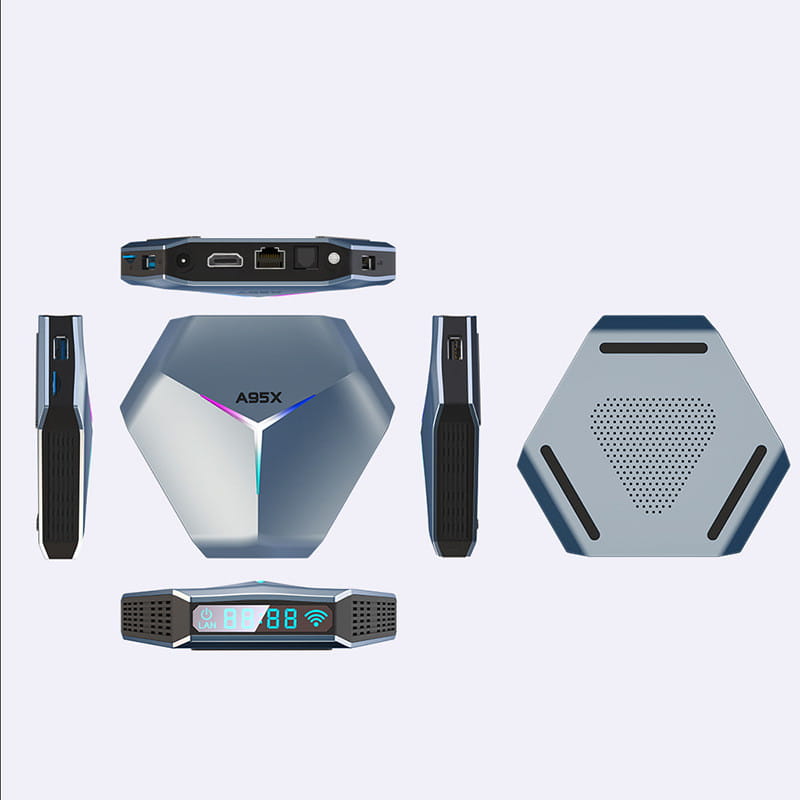 Silver hexagonal A95X 8K RGB network player set-top box with a sleek metallic finish and glowing RGB accents on the front panel designed for dual-band WiFi and remote control use.