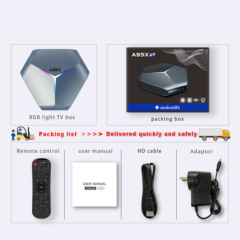 Hexagonal-shaped a95x android set-top box with a sleek silver and black finish and an rgb light strip along its central edge designed as an 8K rgb network player with dual-band wifi and remote control.