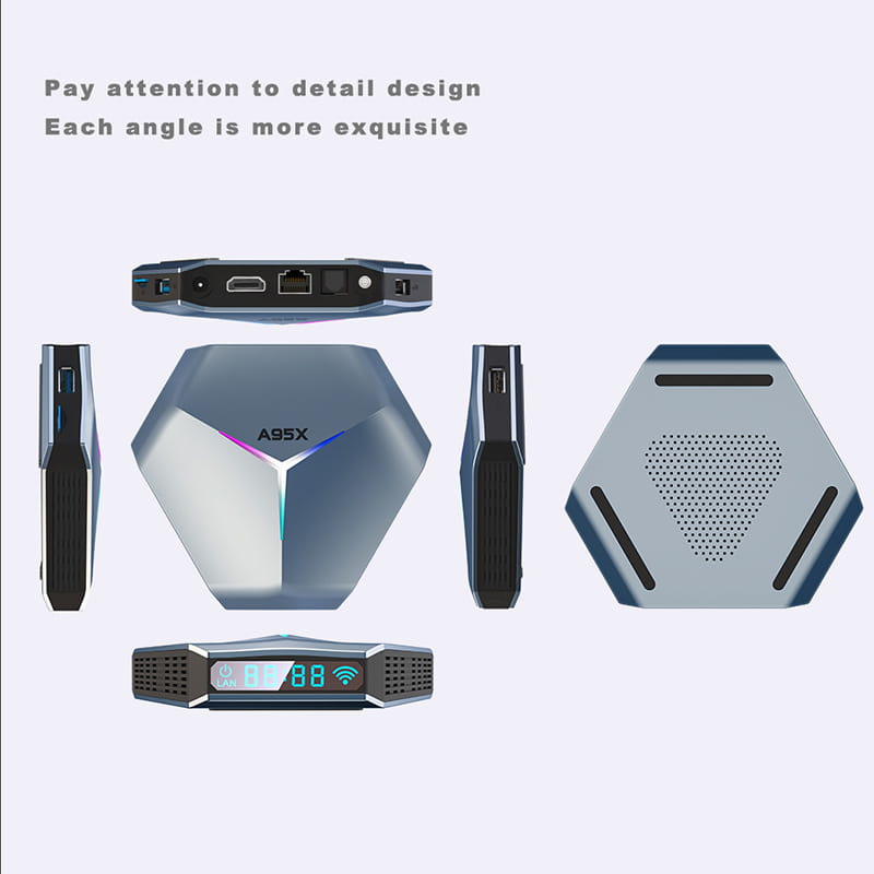 A sleek hexagonal a95x 8k rgb network player set-top box with a metallic silver and black finish and rgb lighting accents features dual-band wifi for advanced streaming and remote control functionality.