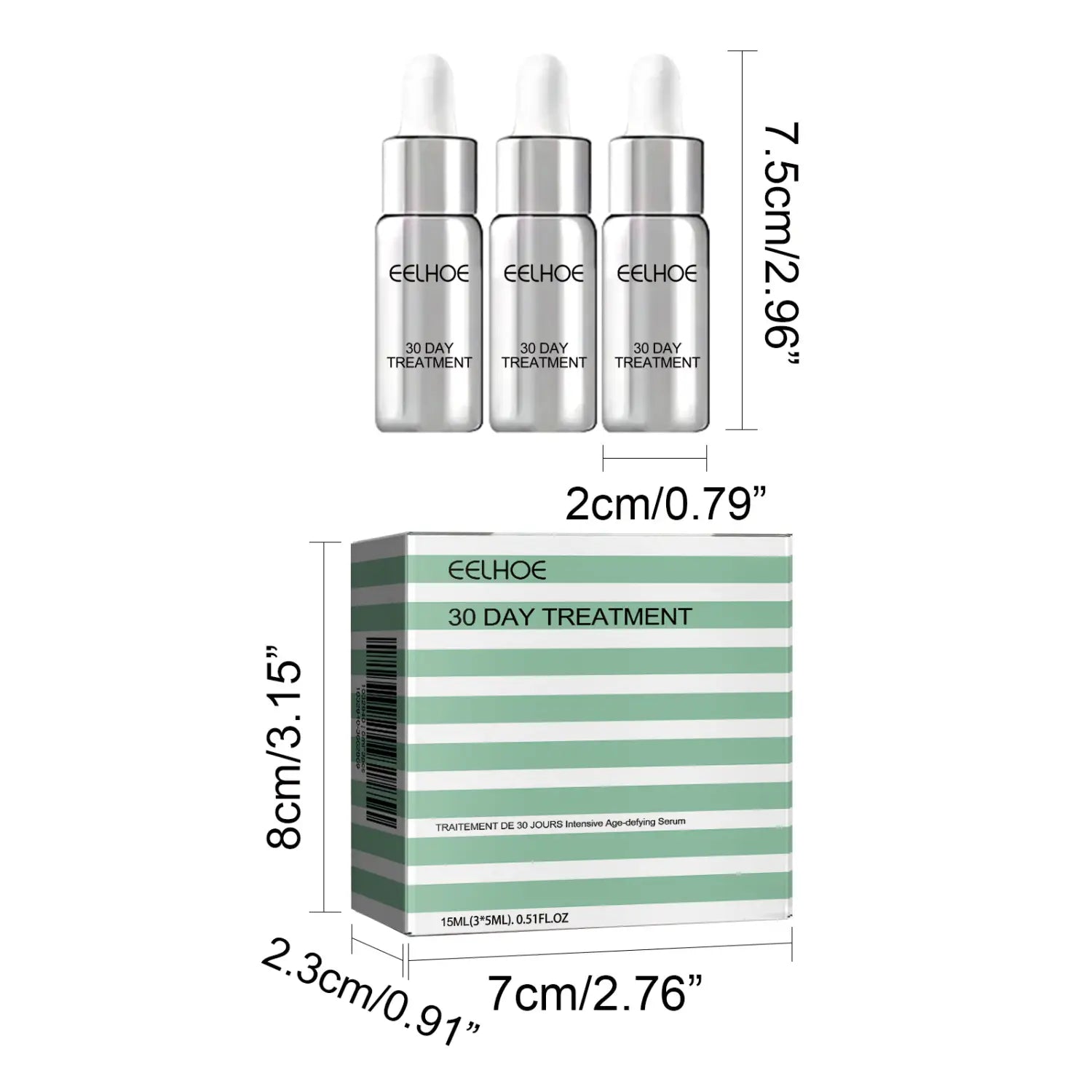 three sleek silver dropper bottles of eelhoe intensive anti aging essences 30 day treatment serum each containing 15ml inside a striped green and white box for anti aging use