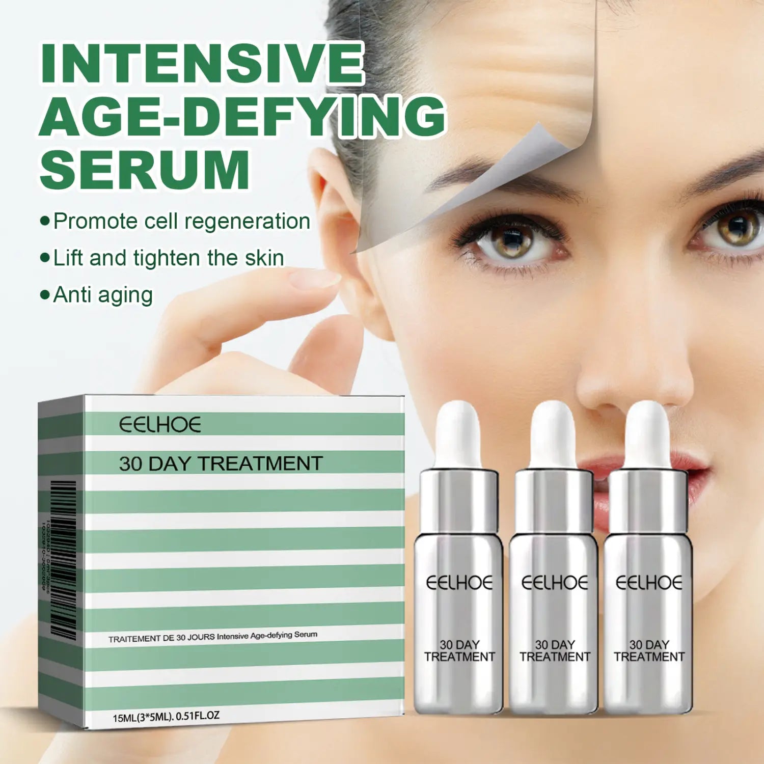 three sleek silver dropper bottles of eelhoe intensive anti aging essences 30 day treatment displayed beside a matching green and white striped box for anti aging serum use
