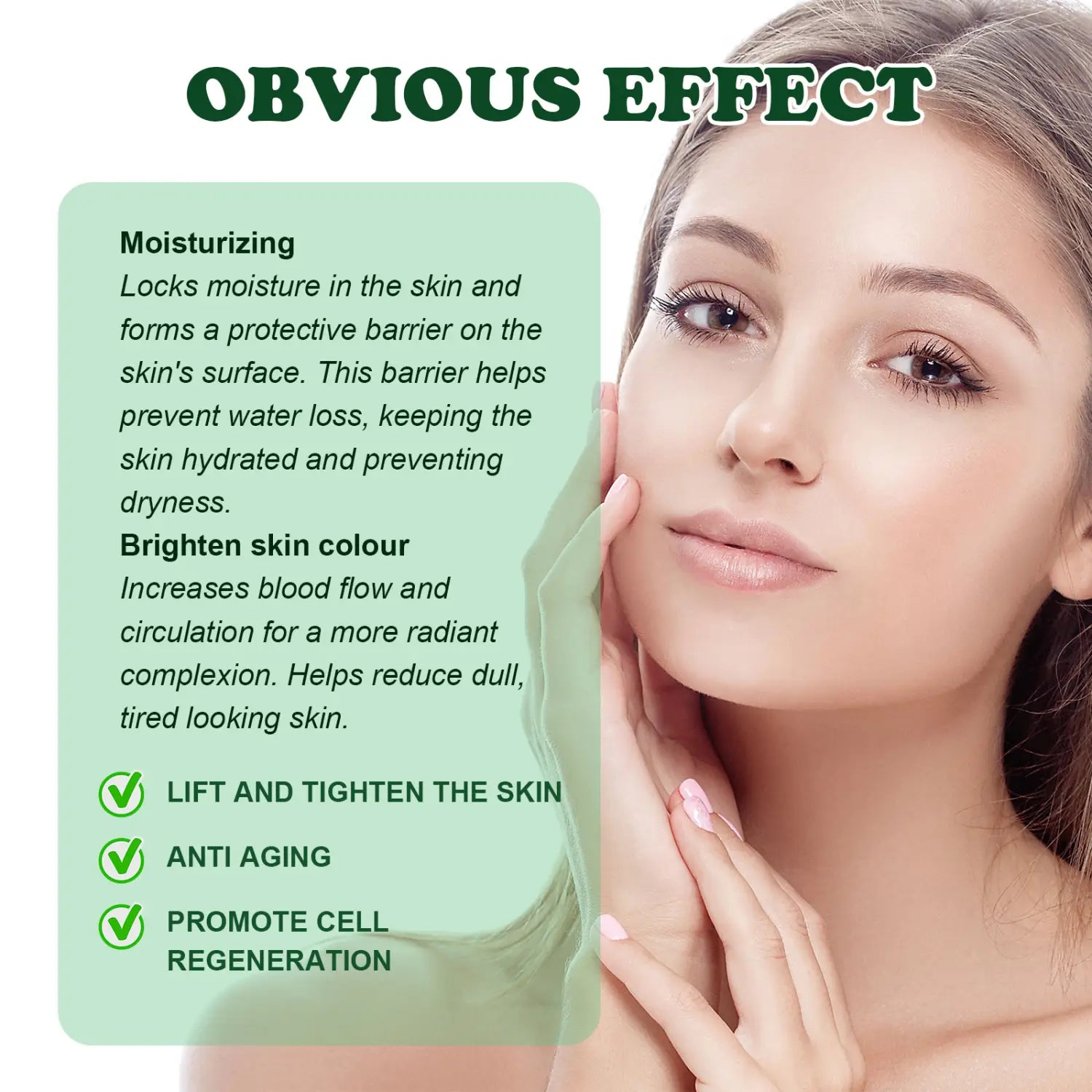 obvious effect moisturizing serum in a clear bottle with green liquid designed for hydrating and brightening skin as part of an intensive anti aging essences 30 day treatment.