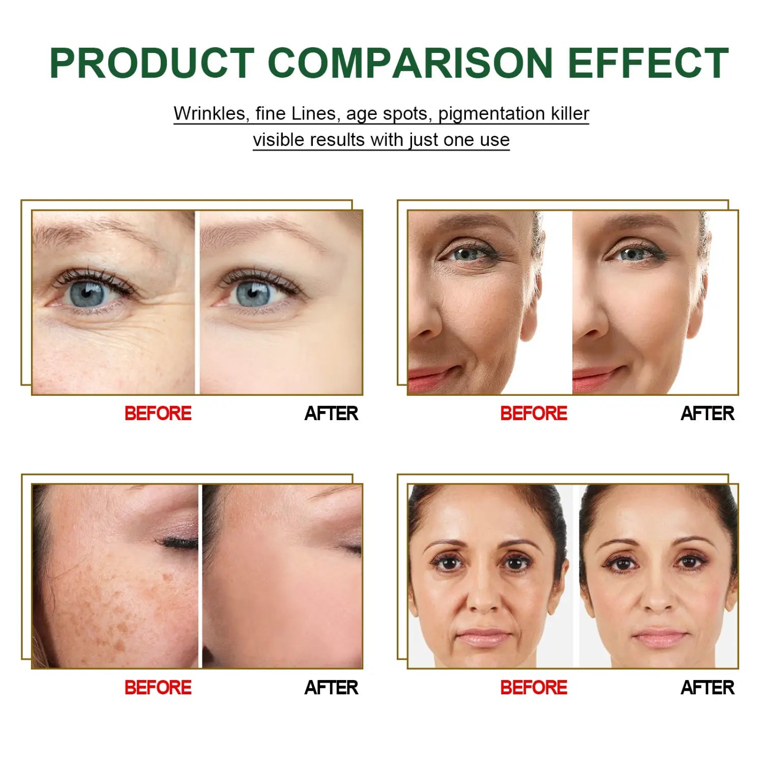 This product comparison image for intensive anti aging essences 30 day treatment shows before and after results demonstrating reduced wrinkles fine lines age spots and pigmentation through anti aging essences.