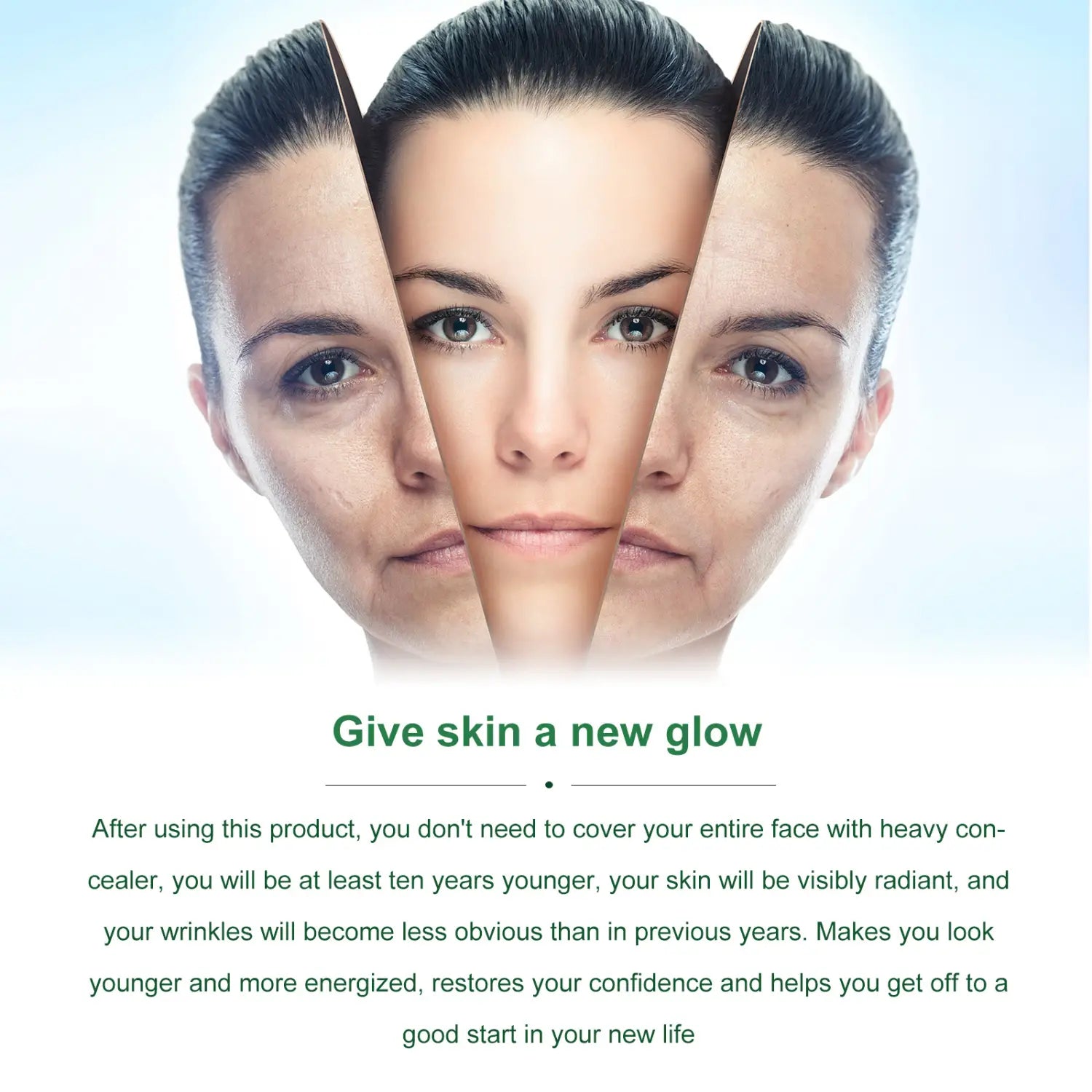 A woman’s face split into three vertical sections showing a before-and-after effect of skin rejuvenation using intensive anti aging essences 30 day treatment.