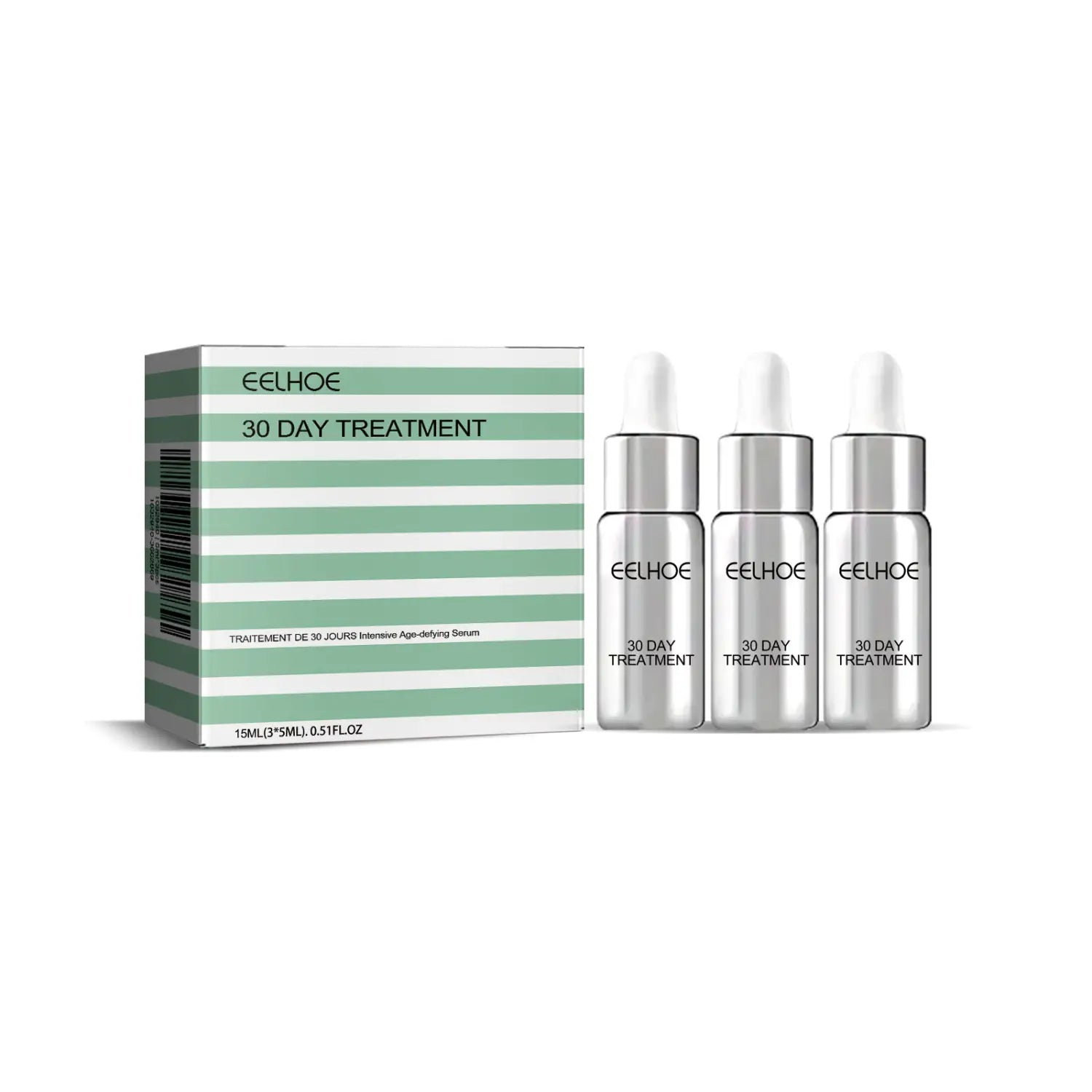 Three sleek silver dropper bottles of eelhoe intensive anti aging essences 30 day treatment serum with white caps and minimalist branding for anti aging skincare.