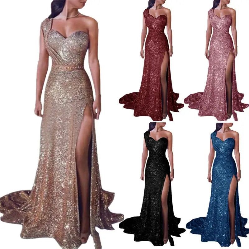 a one shoulder sleeveless bronzing split dress featuring a fitted silhouette with a high slit in shimmering gold, burgundy, rose pink, black, and blue sequins