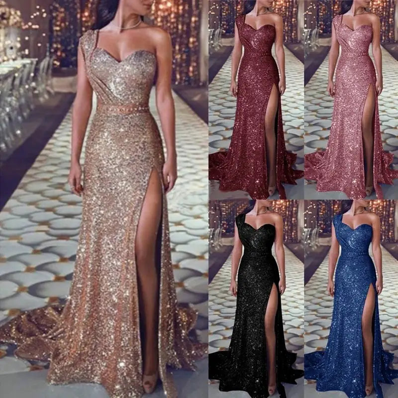 a shimmering gold sequined sleeveless bronzing split dress featuring a one shoulder design and a high slit ideal for evening wear
