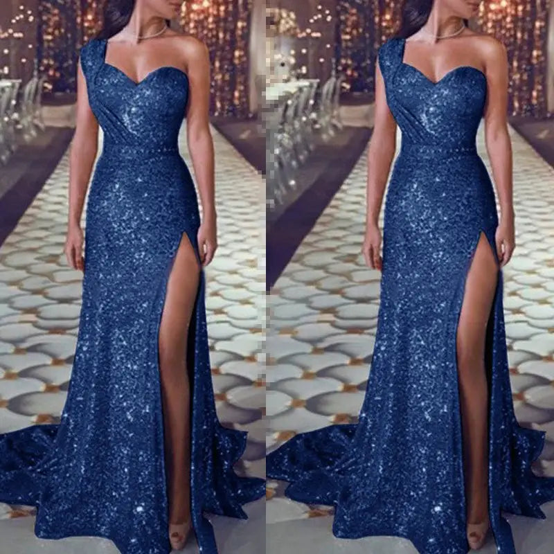 a deep blue sleeveless bronzing split dress featuring a one-shoulder design and floor-length sequined fabric with a high slit