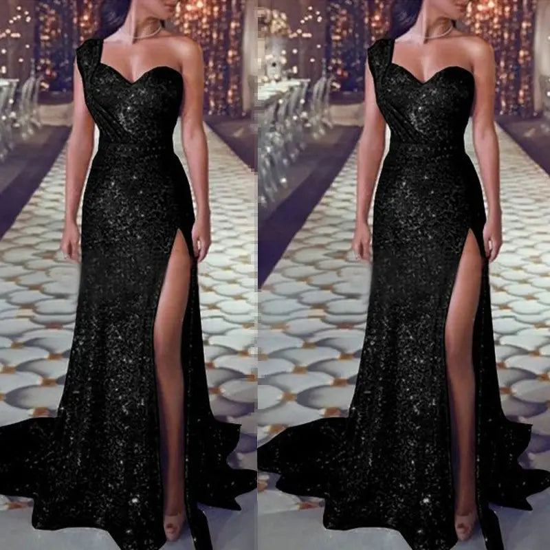 black sequined one shoulder sleeveless bronzing split dress with a high slit designed for evening wear