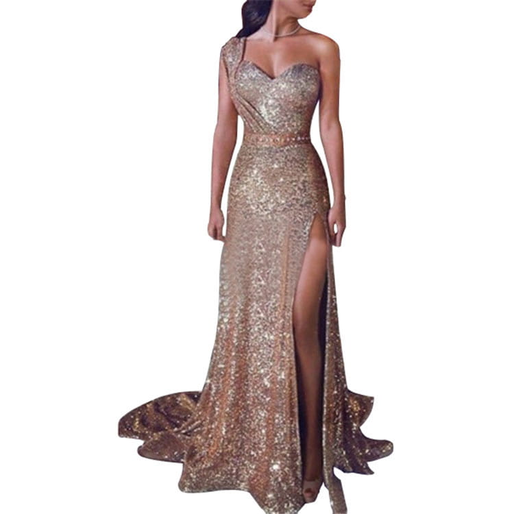 a shimmering gold sequined one shoulder sleeveless bronzing split dress featuring a high slit and fitted silhouette for evening wear