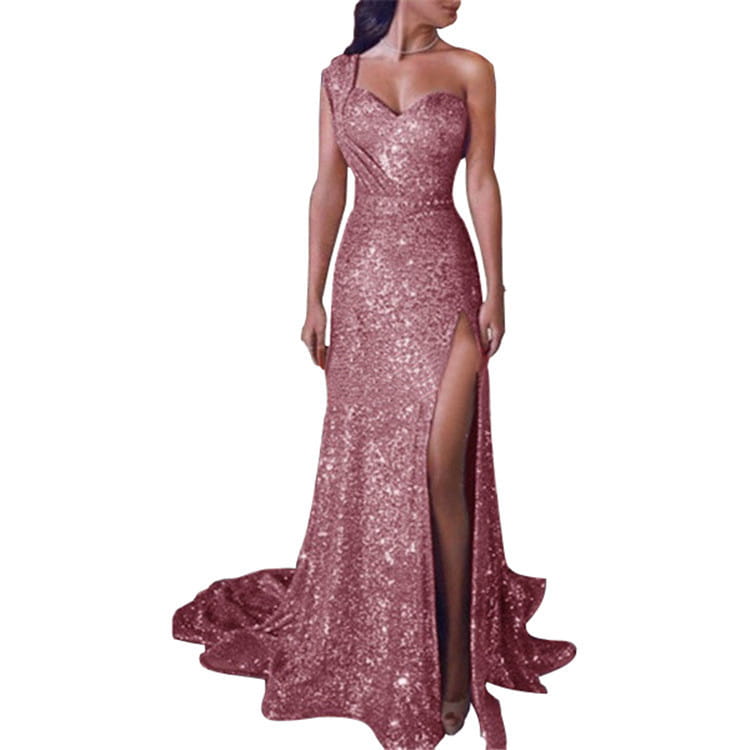 A shimmering rose gold sequined one shoulder sleeveless bronzing split dress with a high slit evening gown.