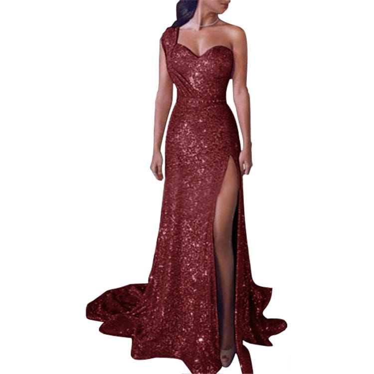 A shimmering burgundy sequined one shoulder sleeveless bronzing split dress with a heart-shaped neckline and high slit.