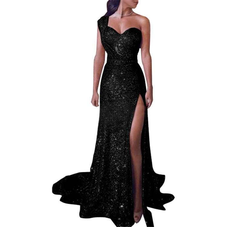 black sequined one shoulder sleeveless bronzing split dress with a high slit and flowing train for evening wear