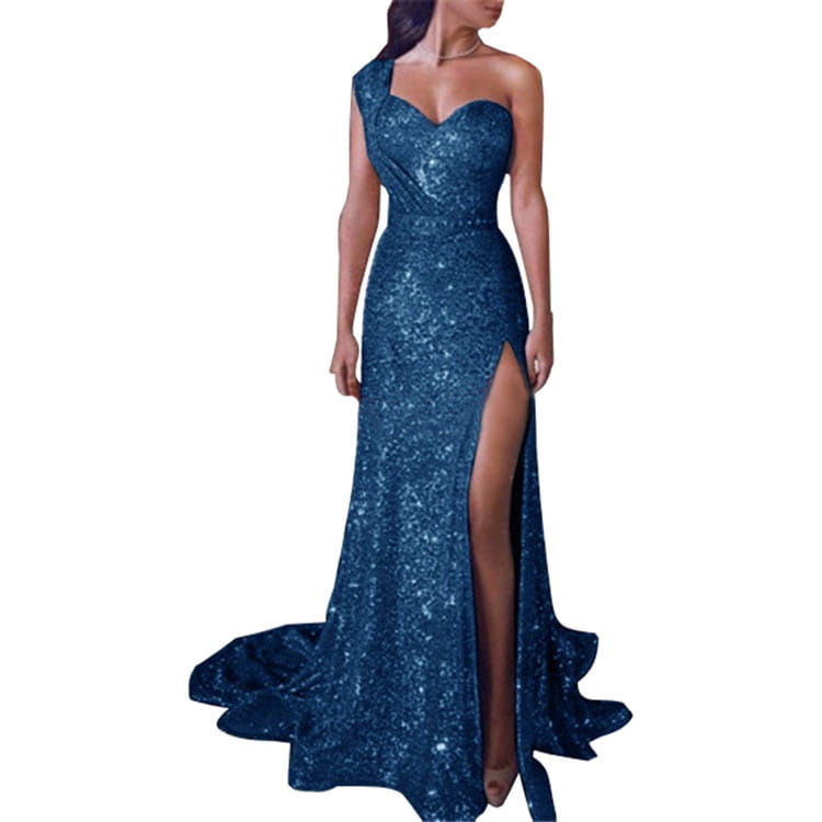 a shimmering navy blue sleeveless bronzing split dress featuring a one shoulder design and high slit evening gown