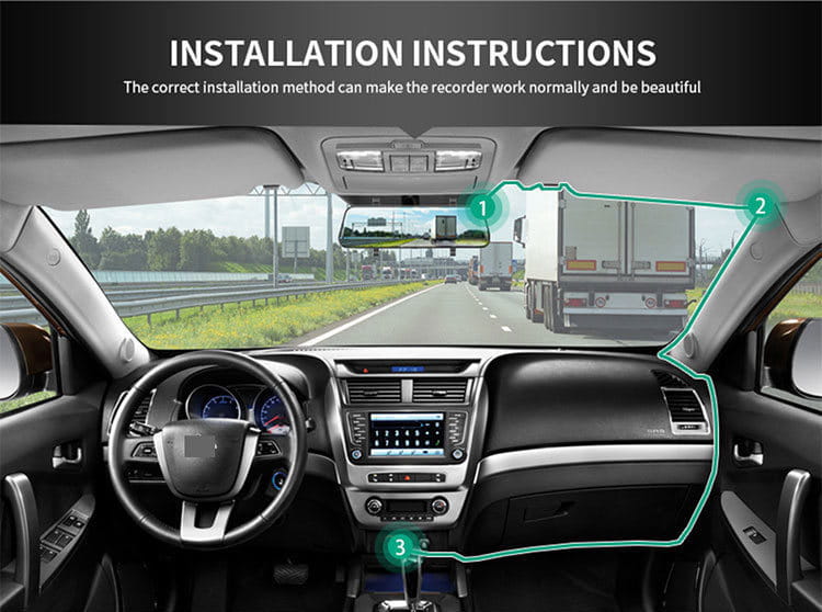 Black dashboard with silver trim and central touchscreen display of the future G6 three lens night vision driving recorder for front car monitoring.
