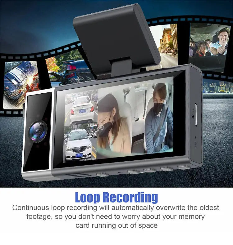 Future G6 three lens night vision driving recorder in black and silver with a 3.5-inch touchscreen display and dual cameras for front car and rear views in one compact unit.