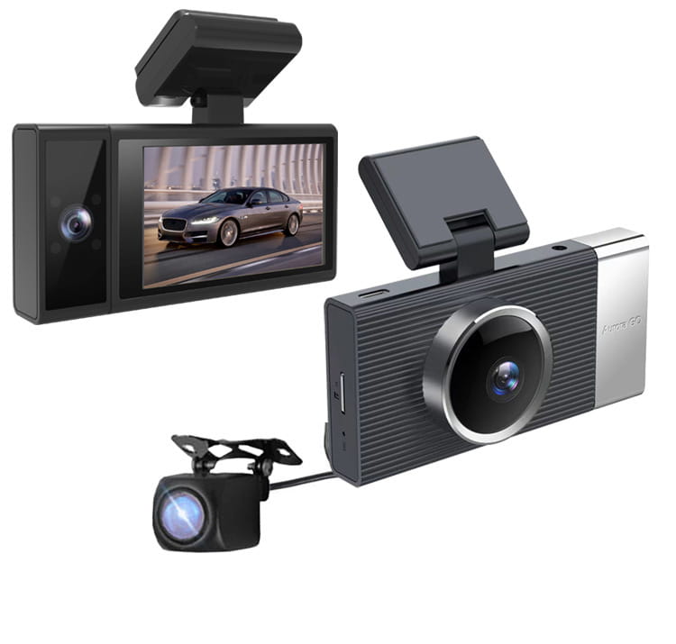 Future G6 three lens night vision driving recorder in black and silver with a textured body, flip-up screen display, front car dual-camera system, and separate rear-view camera.