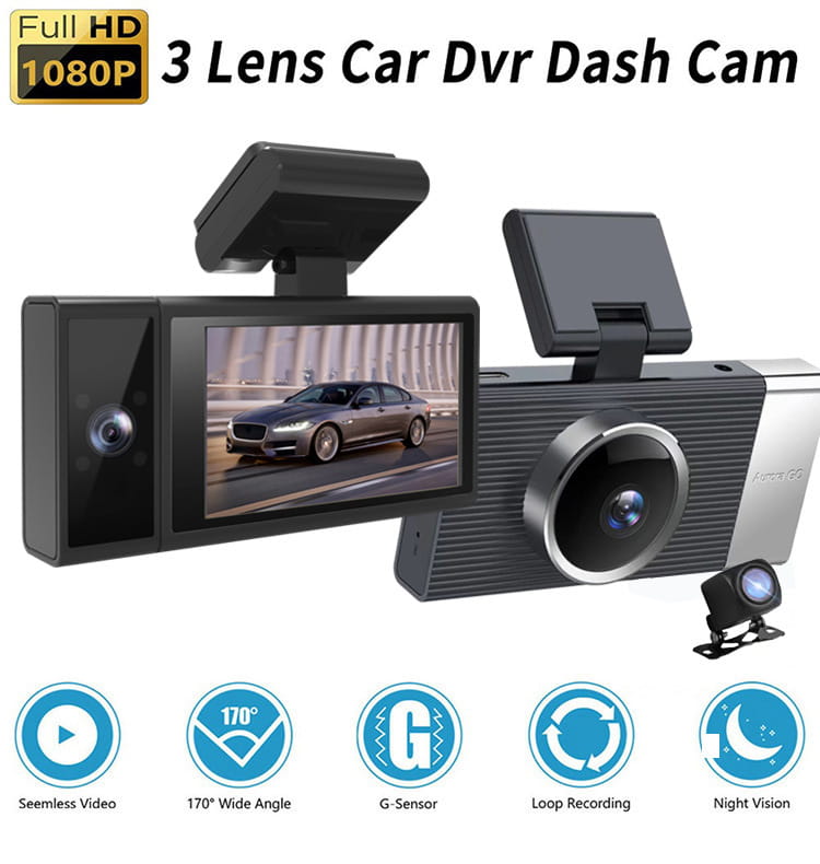 Black and silver Future G6 three lens night vision driving recorder dash cam with built-in screen displaying front car driving scene