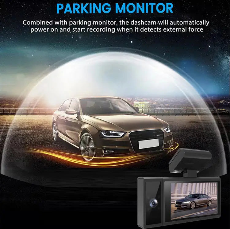 Black and silver Future G6 three lens night vision driving recorder dashcam with a small screen displaying a front car image.