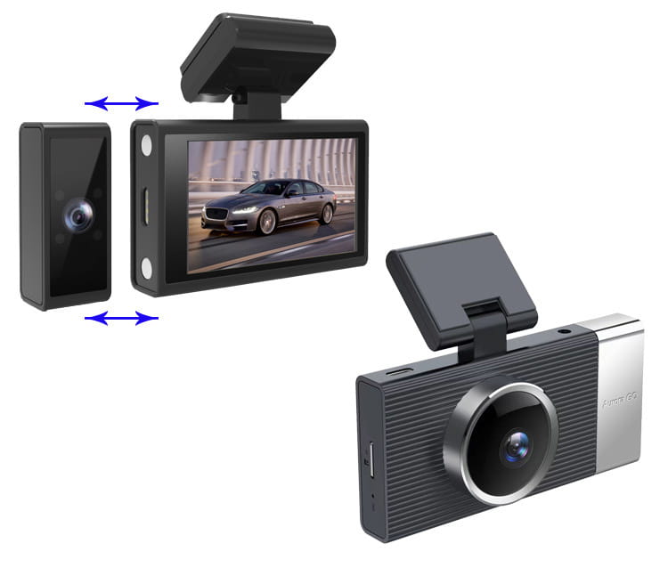 Future G6 three lens night vision driving recorder in black and silver with a textured body, circular front car lens, and flip-up screen displaying a car on the road.