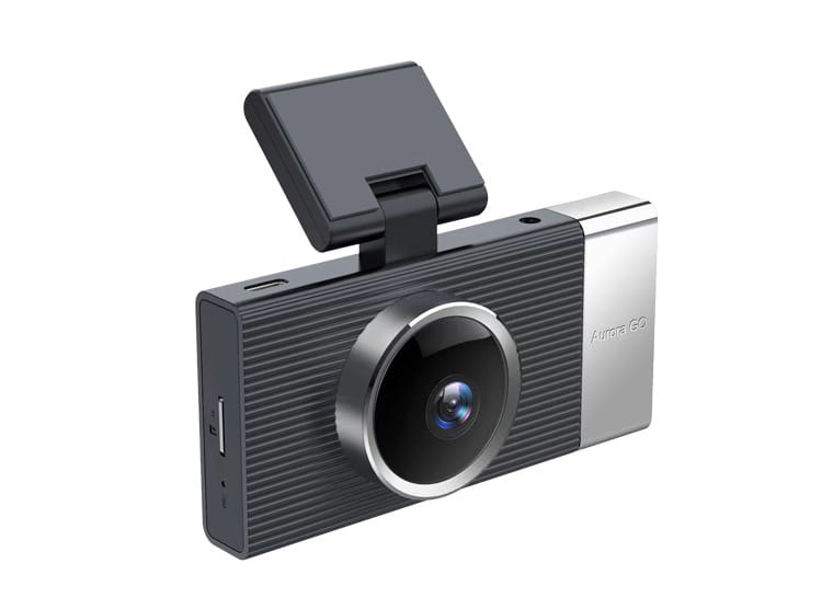 Black and silver aurora go dash cam with a textured body, circular lens with metallic trim, and adjustable mounting arm for front car night vision driving recorder use.
