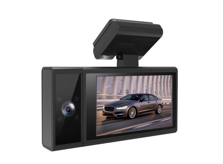 Black future G6 three lens night vision driving recorder dashboard camera with built-in screen displaying a silver front car on the road