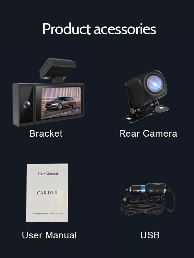 black plastic future g6 three lens night vision driving recorder dash camera with a small screen displaying a silver sedan and an attached mounting bracket for front car recording.