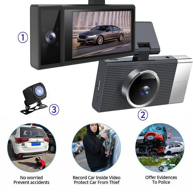 Black and silver dual-camera Future G6 three lens night vision driving recorder with a built-in screen displaying a front car on the road.