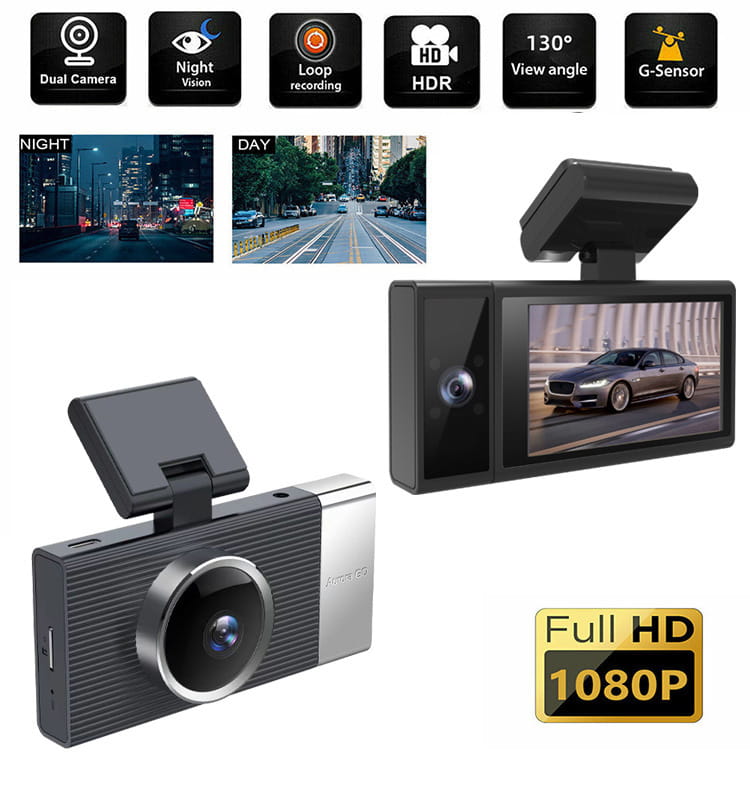future g6 three lens night vision driving recorder in black and silver with a dual-camera design featuring a 130-degree front car view angle and full hd 1080p resolution for enhanced night vision recording.