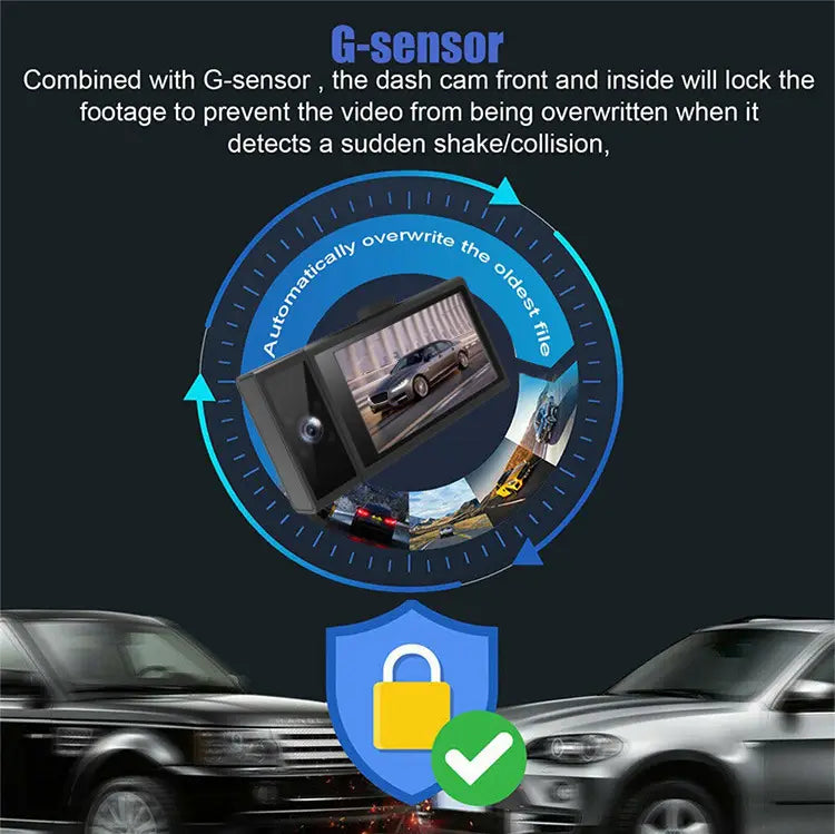 Black Future G6 three lens night vision driving recorder with g-sensor technology for automatic file protection during sudden impacts and front car recording.