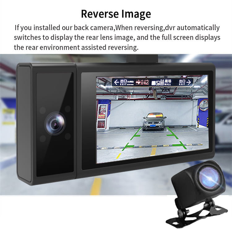 black rear-view driving recorder system with built-in display screen showing night vision parking assistance features and separate camera unit for front car use from future g6 three lens night vision driving recorder