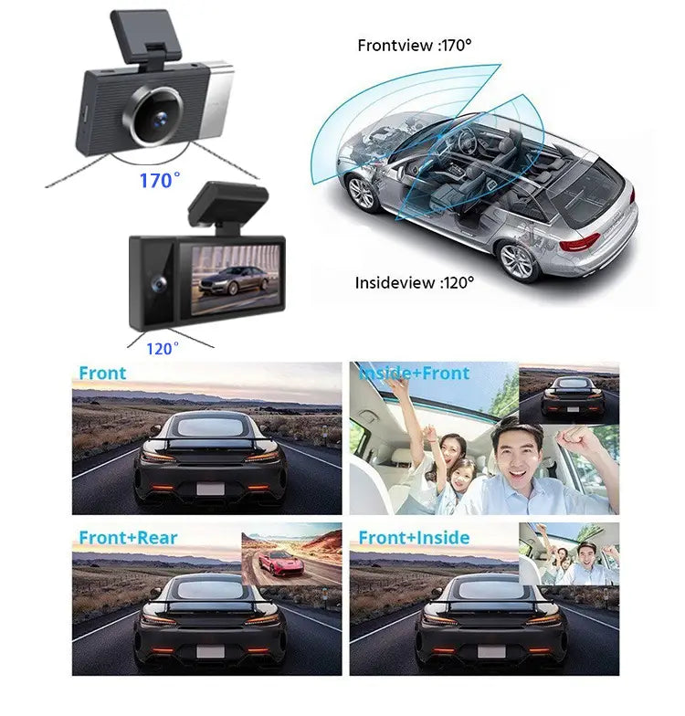 Black and silver Future G6 three lens night vision driving recorder with 170° front car view and 120° inside view coverage.