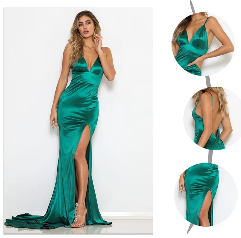 Emerald green satin mermaid gown with a plunging v-neckline and high slit designed for company annual meeting events.
