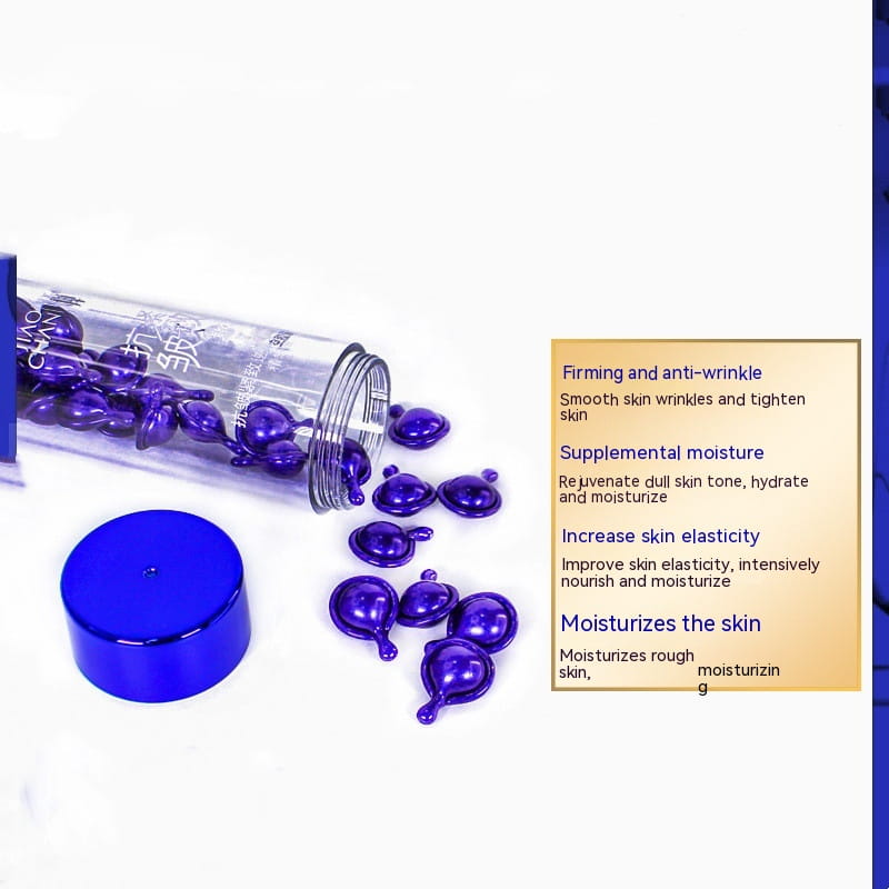 purple gel-filled serum capsules spilling from a clear tube with a vibrant blue cap for blue big chicken leg anti aging essence capsules