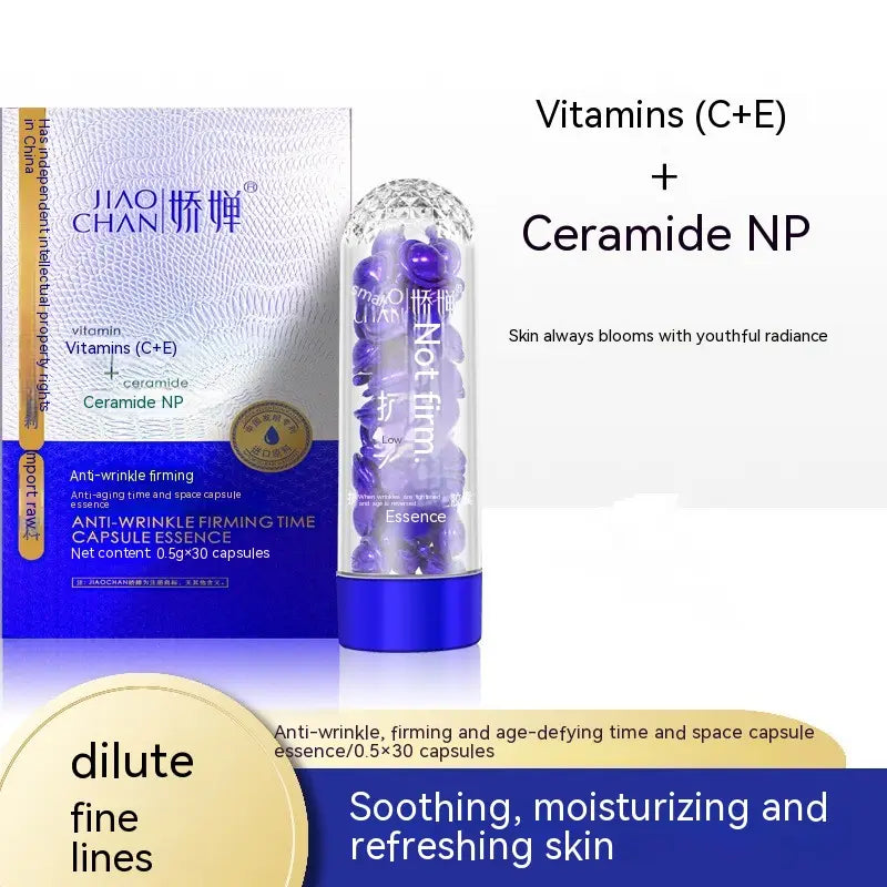 a transparent cylindrical bottle with a blue base and cap containing purple capsules labeled not firm for anti-wrinkle firming essence from blue big chicken leg anti aging essence capsules.