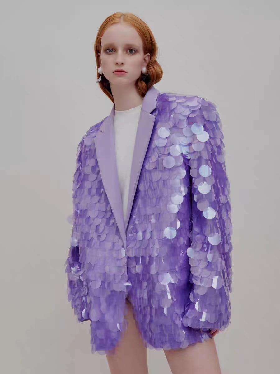 lavender sequin fashion suit blazer featuring a loose sequin fashion design with a structured silhouette and satin lapels, ideal for high dinner party occasions.