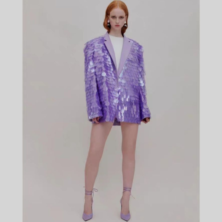 lavender sequin fashion suit blazer with a structured silhouette and long sleeves designed for a high dinner party.