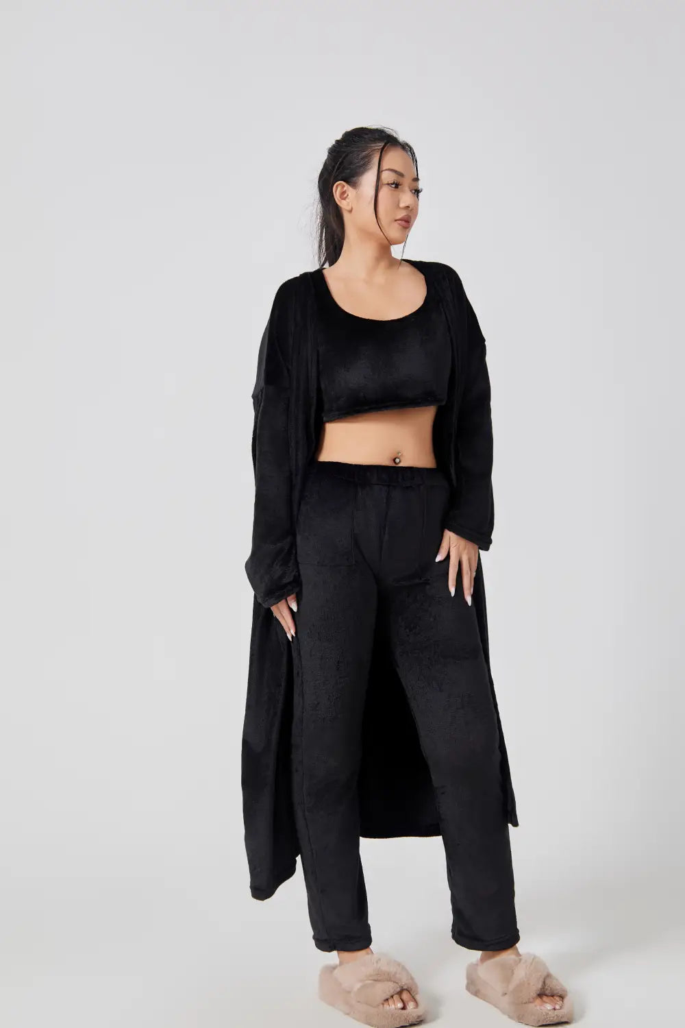 black satin crop top with long open cardigan and matching pants set in blue shimmer 3 piece lounge set perfect for a cozy pajama set or stylish piece lounge set.