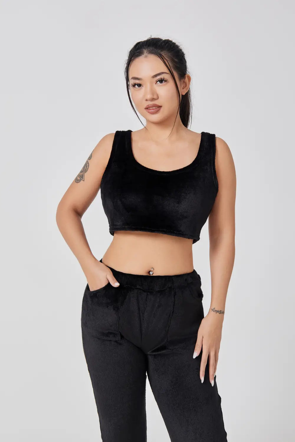 black velvet crop top with square neckline and elastic waistband from blue shimmer 3 piece lounge set for cozy pajama set wear
