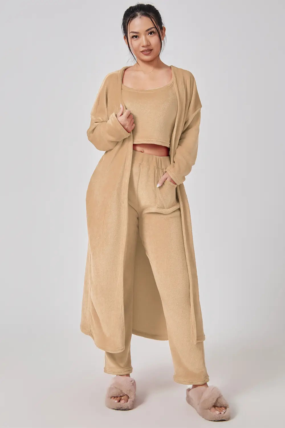 beige longline cardigan set with matching crop top and wide-leg pants crafted from soft knit fabric as a cozy pajama set in the blue shimmer 3 piece lounge set collection