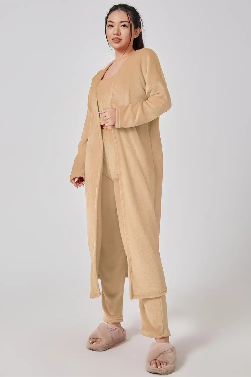 beige velour cozy pajama set featuring a long cardigan and matching pants as part of the blue shimmer 3 piece lounge set