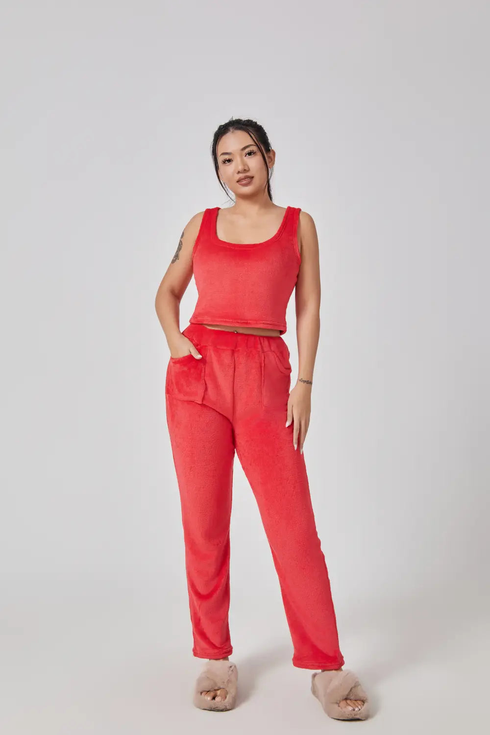a vibrant red sleeveless crop top with a square neckline and relaxed fit as part of the blue shimmer 3 piece lounge set designed for a cozy pajama set experience