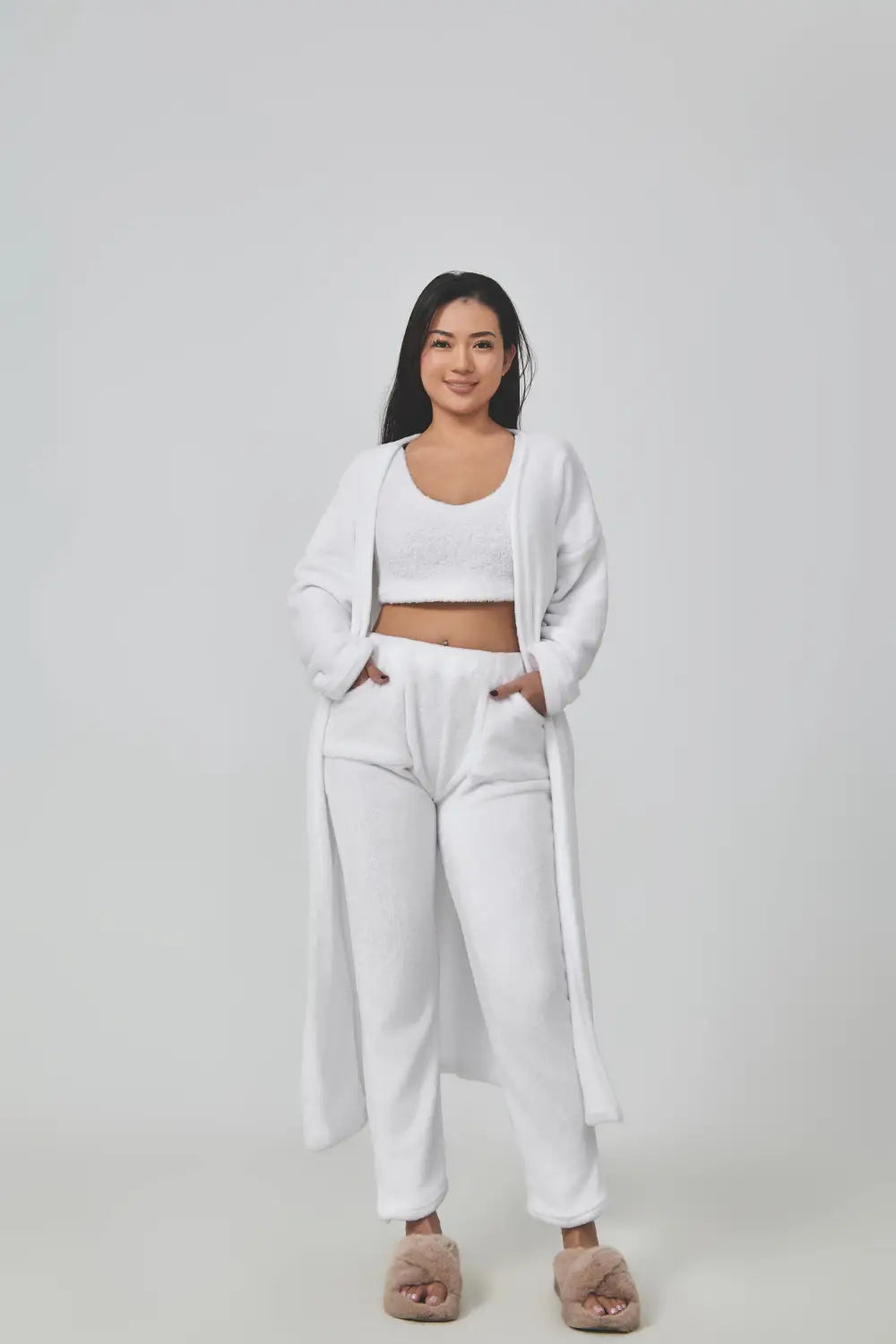 white longline robe with relaxed fit and open front paired with matching white crop top and trousers in the blue shimmer 3 piece lounge set for a cozy pajama set option