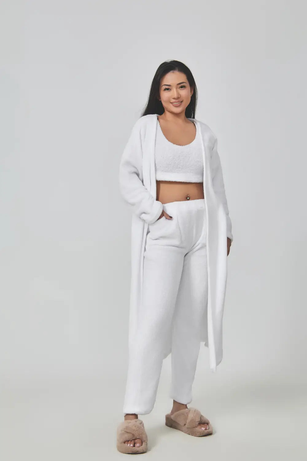 white knit cozy pajama set featuring a three piece lounge set with a matching long cardigan and cropped top in soft knit fabric