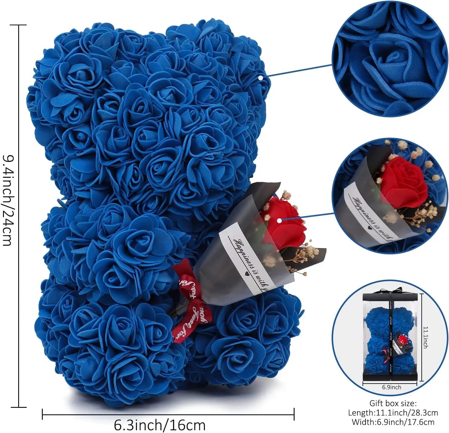 A plush blue rose bear made from artificial eternal flowers holding a small bouquet of red and white flowers in a gift box.