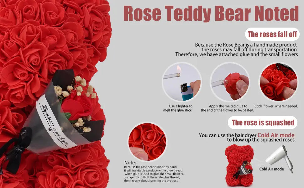 Red rose bear made of handcrafted white thread wrapped in a black ribbon with happiness is wild printed on it displayed in an eternal flower gift box.